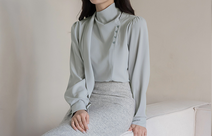 スカーフネック アンバランス ボタン ブラウス