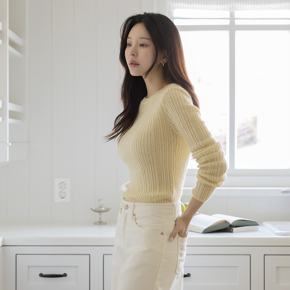 ラウンドネック モヘア&ウール コール天 ニット