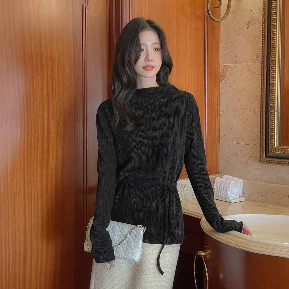 グリッター ベルベット ハーフネック リンクル 弾力 ティーシャツ(+ベルト)