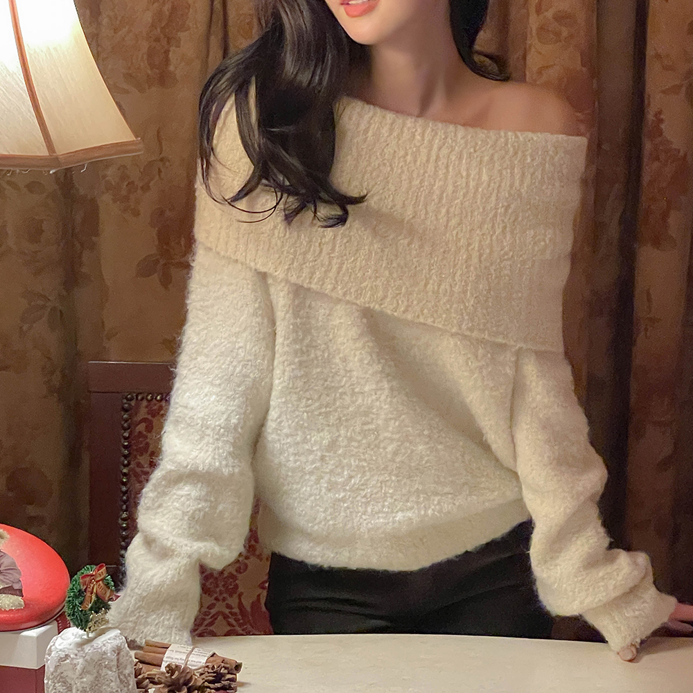 ほっそりした ブークレ ウール 分厚い オフショルダー ニット