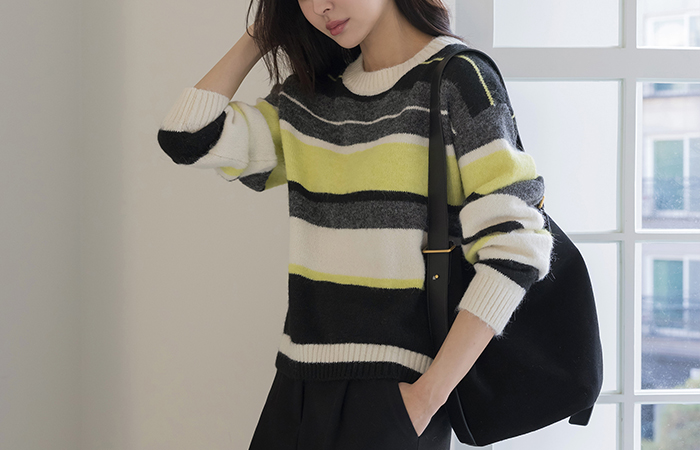 Macaron ラウンドネック ウール ストライプ ニット