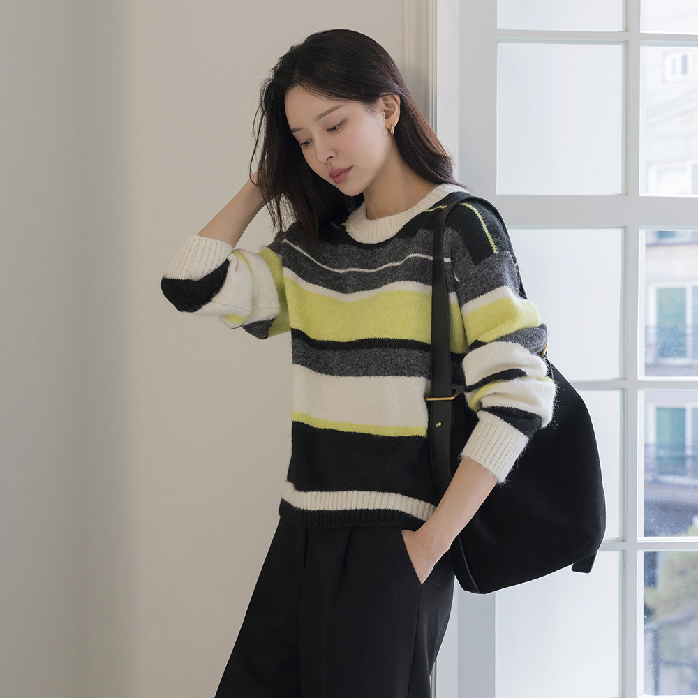 Macaron ラウンドネック ウール ストライプ ニット