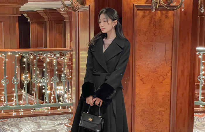 フェミニン 袖 ファー 配色 キルティング ロングコート(+ベルト)