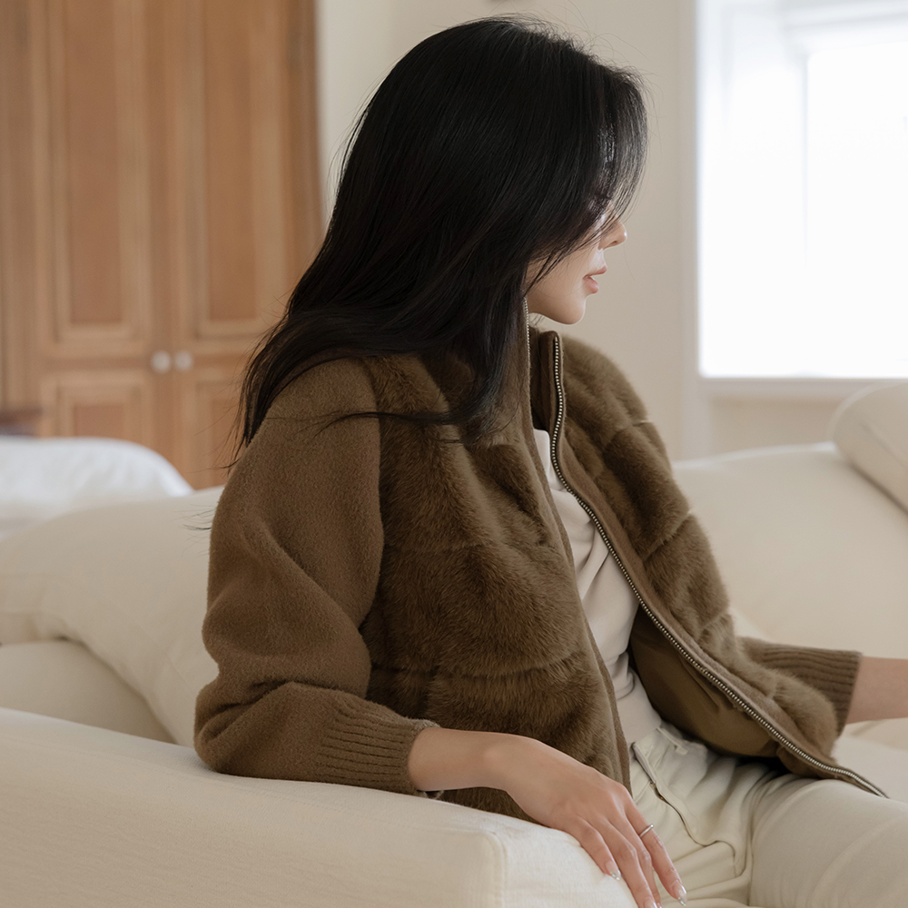 ハイネック フェイクファー 配色 ジップアップ カーディガン