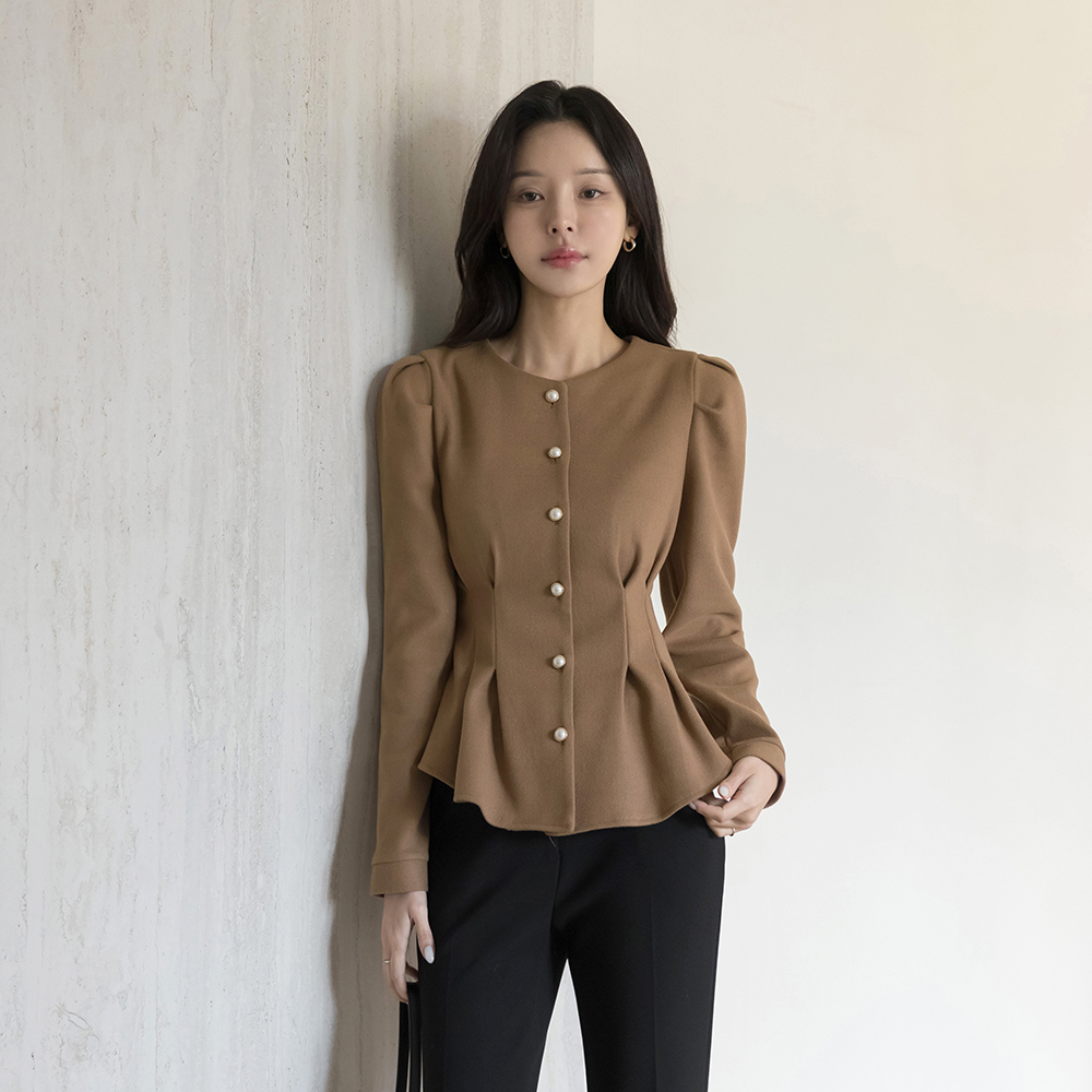 真珠 ペプラム パフ ブラウス