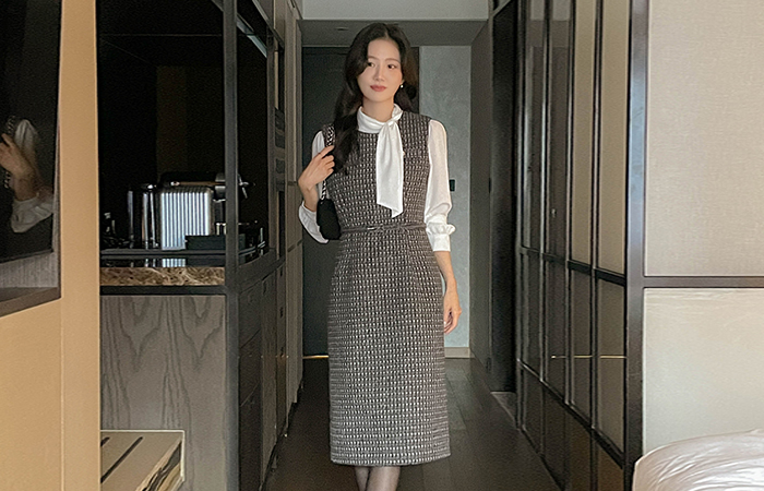 チェック ウール ツイード Hライン ビュスチエ ワンピース(+ベルト)