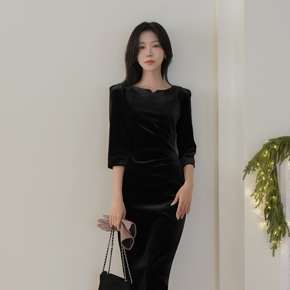 ベルベット クロップド Hライン シャーリング 弾力 ワンピース