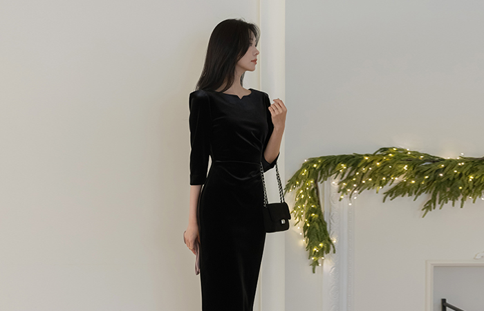 ベルベット クロップド Hライン シャーリング 弾力 ワンピース