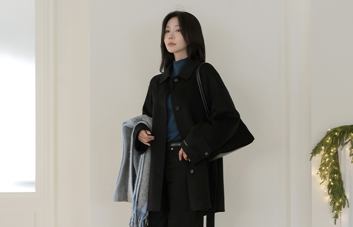 バター カシミア&ウール ハンドメード ハーフ コート(+ベルト)