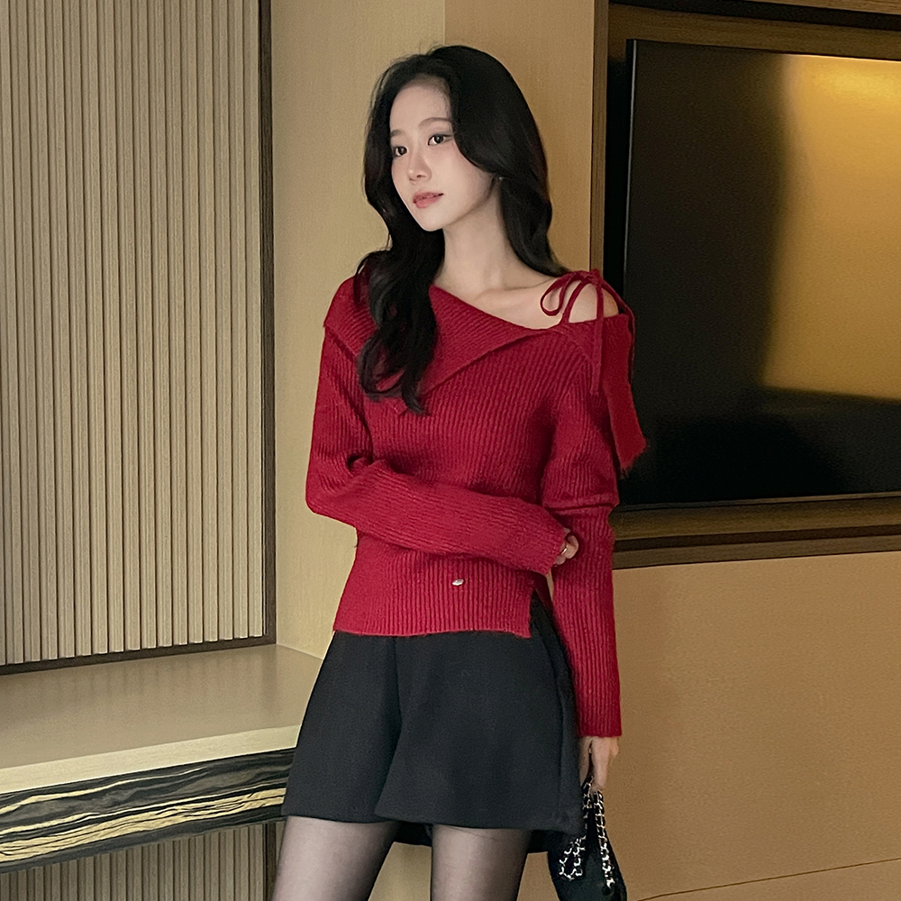 Merry ウール しめくくり 언발숄더 コール天 ニット