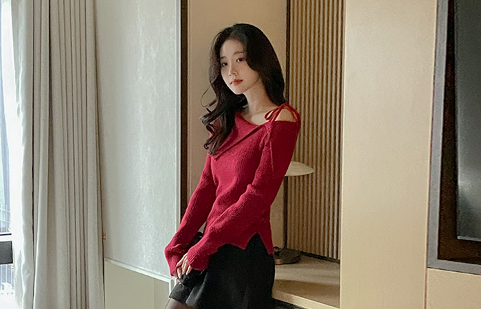 Merry ウール しめくくり 언발숄더 コール天 ニット