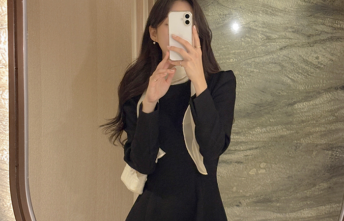 フェミニン スカーフネック ツイード Aライン ワンピース