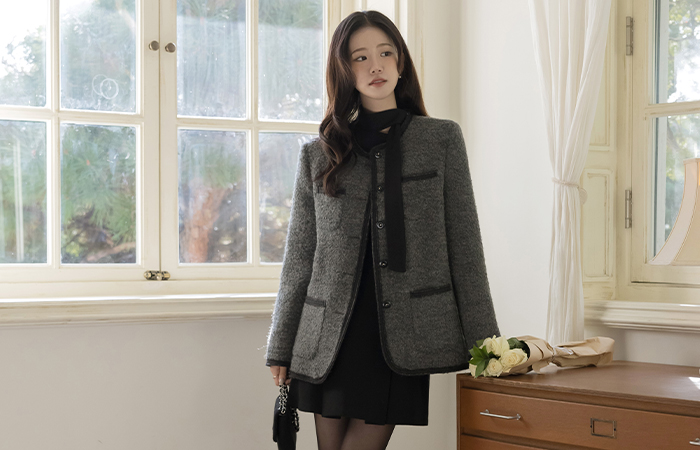 ブークレ ラウンドネック キルティング ウール ハーフ ジャケット