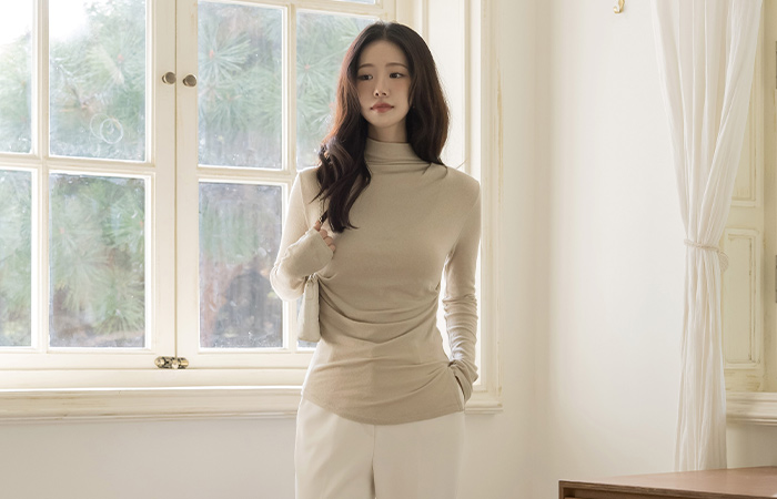 ハイネック ウール アンバランス シャーリング ティーシャツ