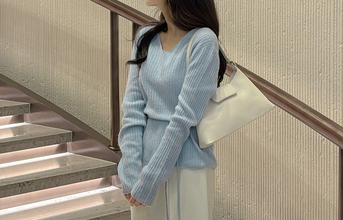 ウール100% ブイネック コール天 ニット(+ベルト)