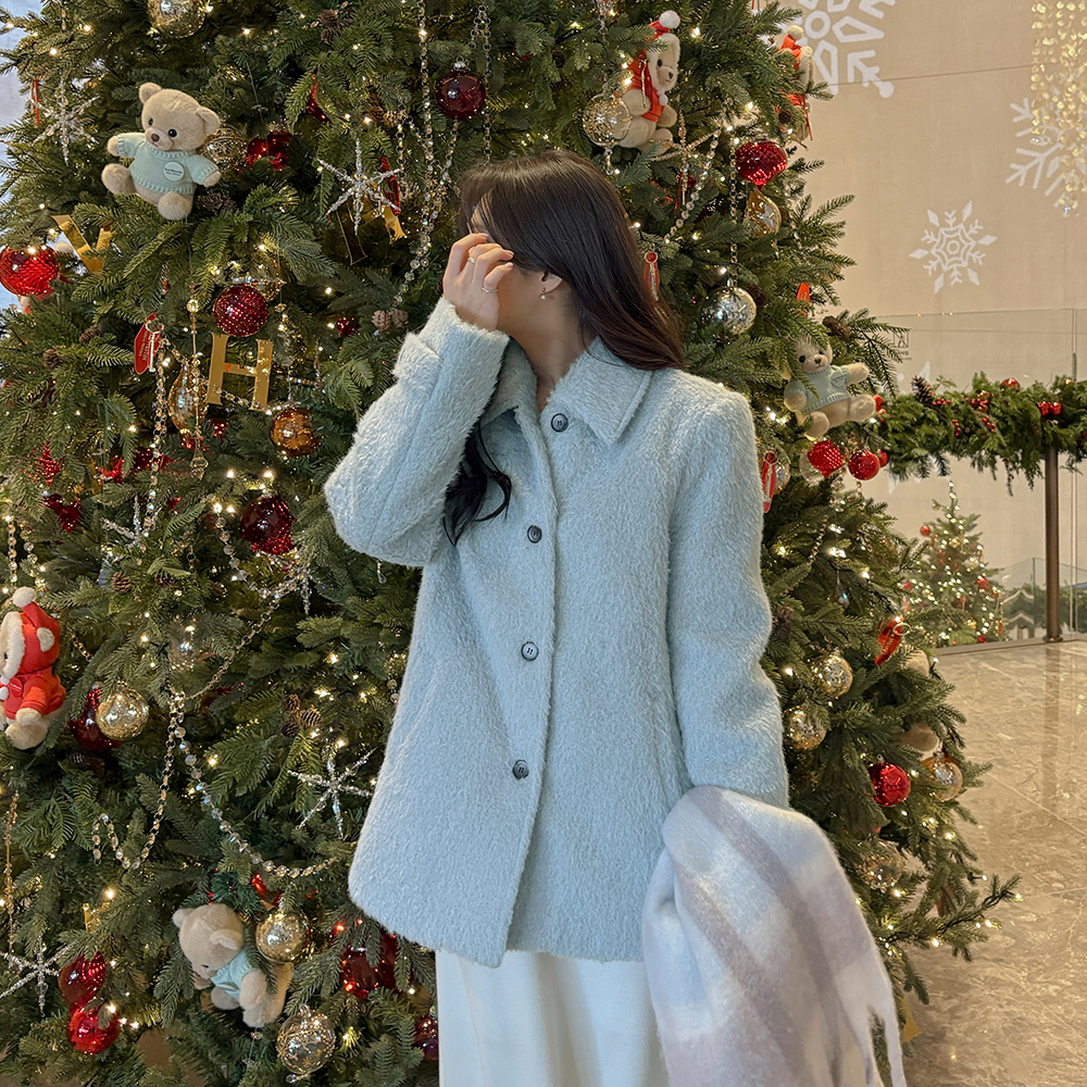 ダックダウン100% カラーネック ウール ブークレ ハーフ ジャケット