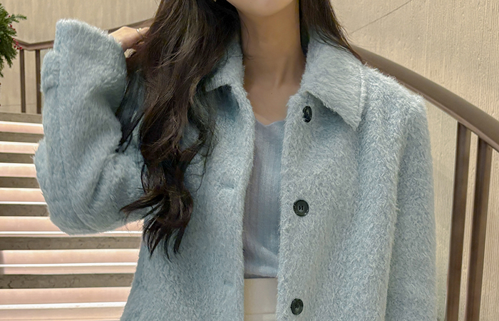 ダックダウン100% カラーネック ウール ブークレ ハーフ ジャケット