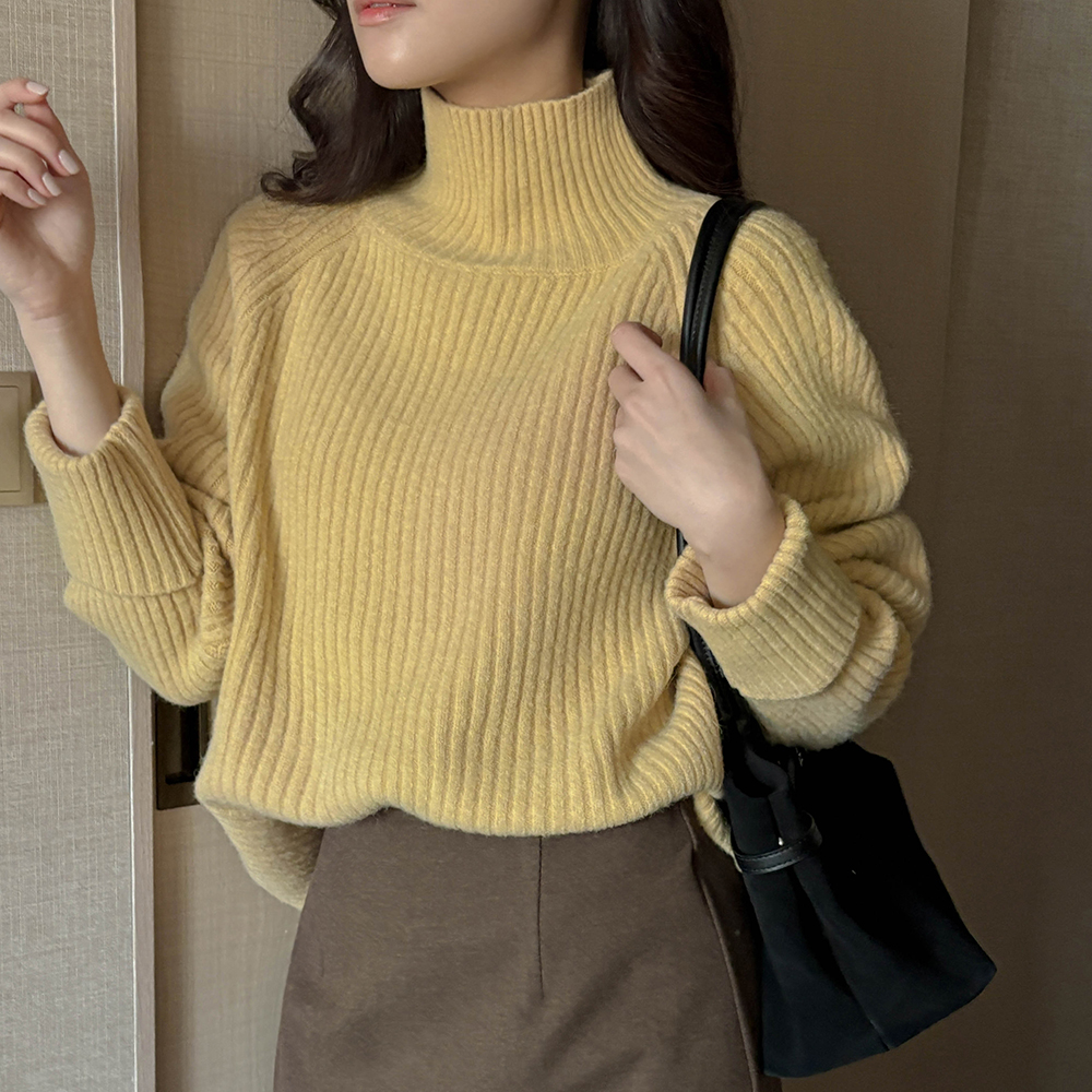 ハイネック ロールアップ ラグラン コール天 ニット