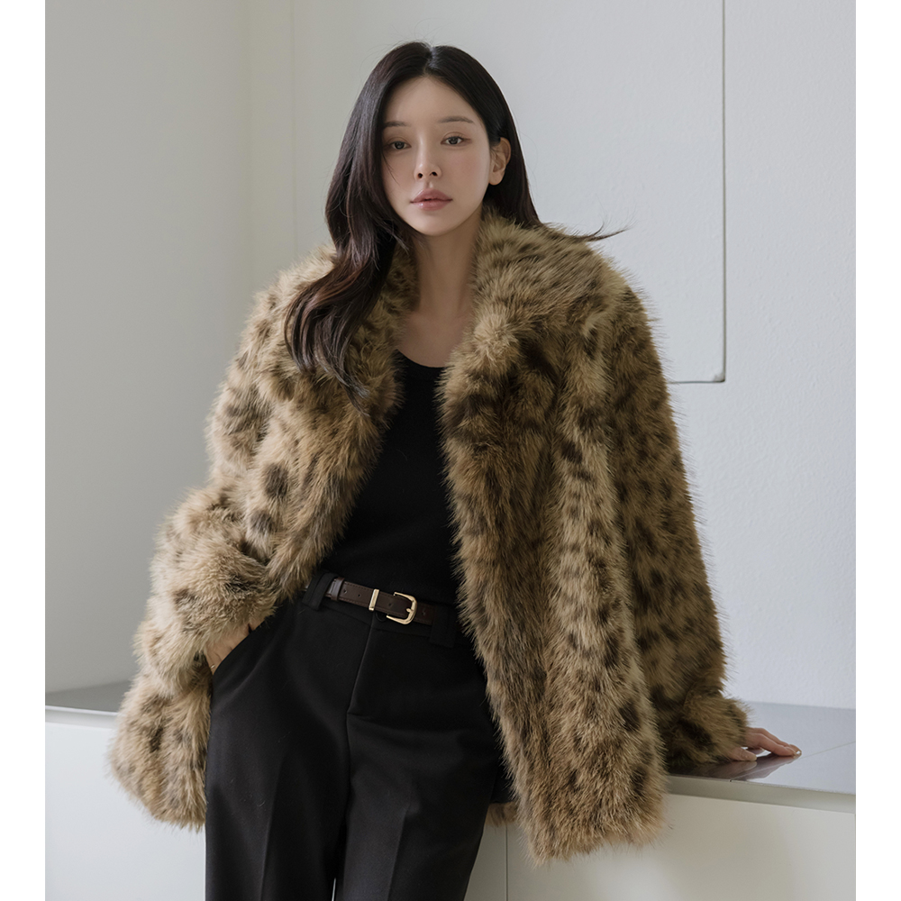 カラーネック ヒョウ フェイクファー ハーフ ジャケット