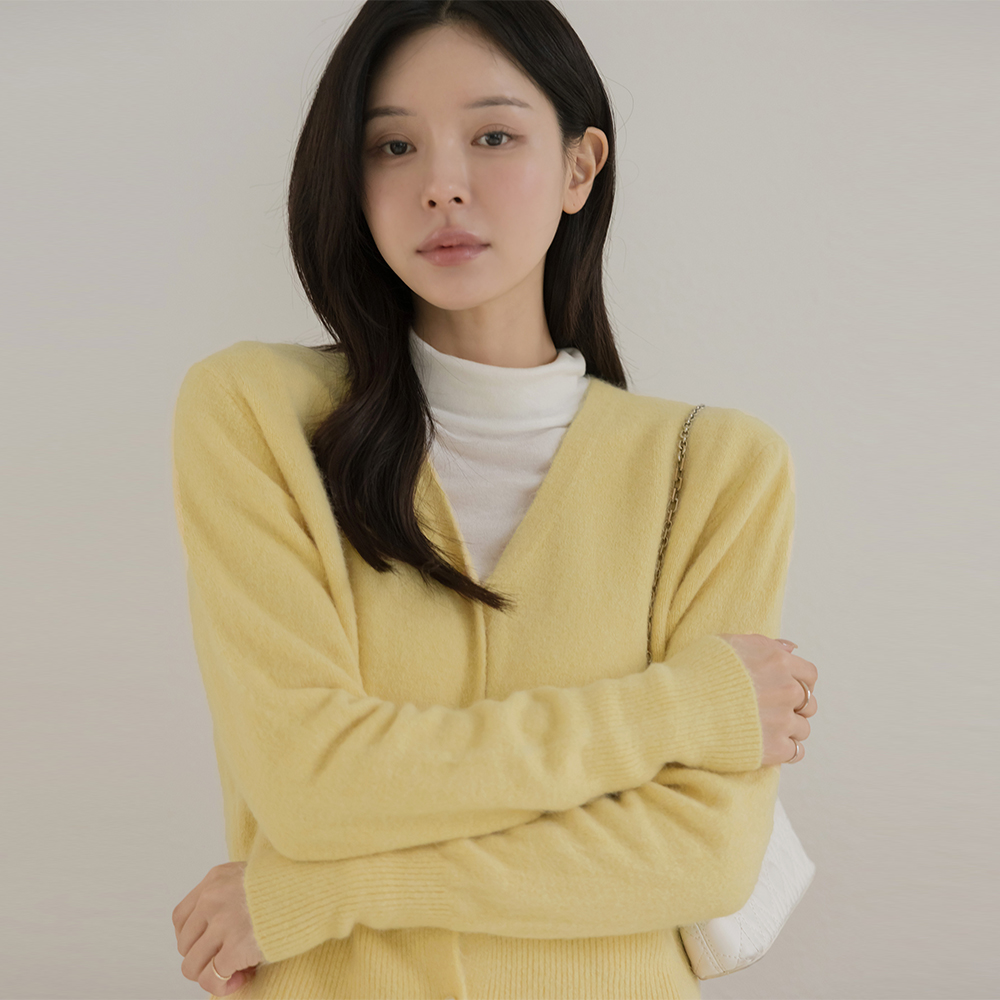 キャンデー ブイネック 真珠 アンゴラ カーディガン