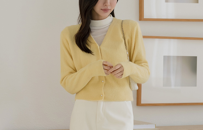 キャンデー ブイネック 真珠 アンゴラ カーディガン