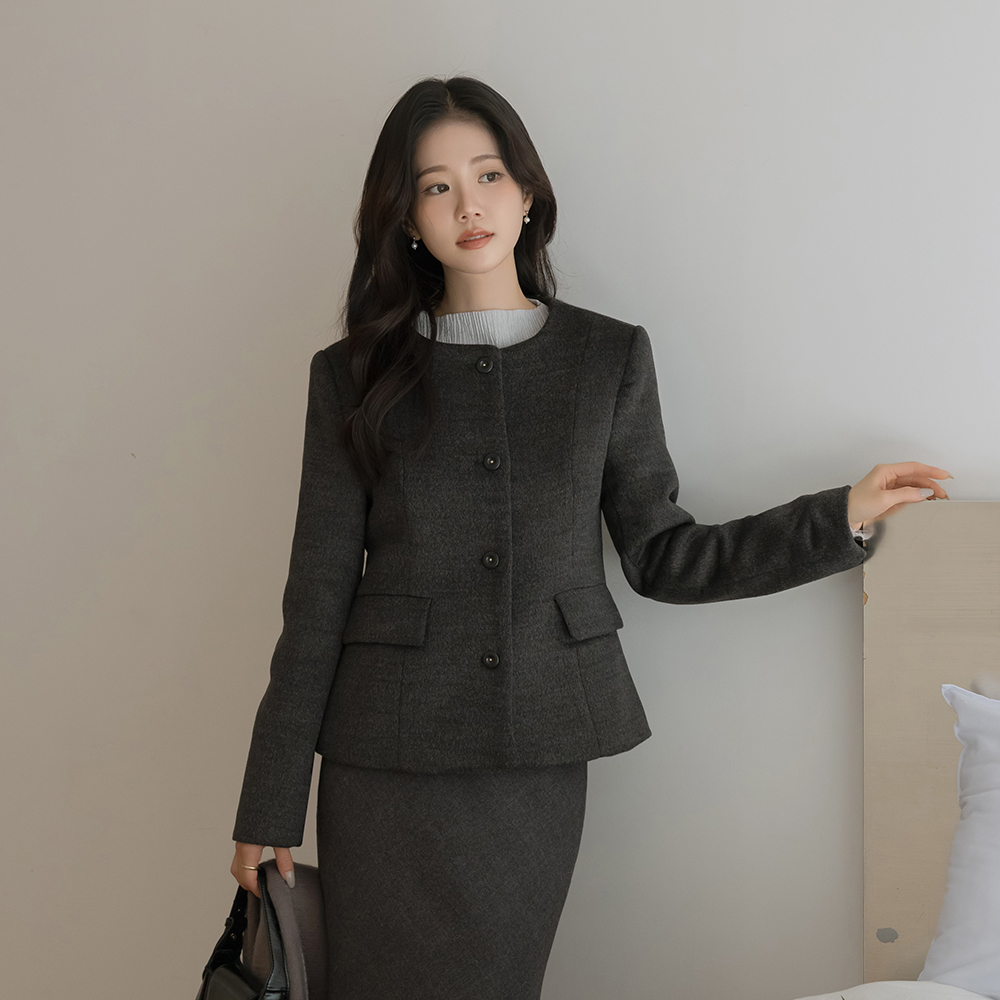 モダン ラウンドネック ウール キルティング ライン ジャケット