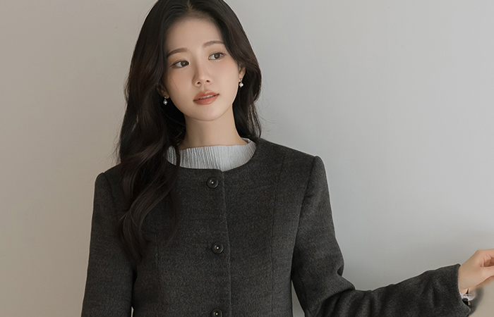 モダン ラウンドネック ウール キルティング ライン ジャケット