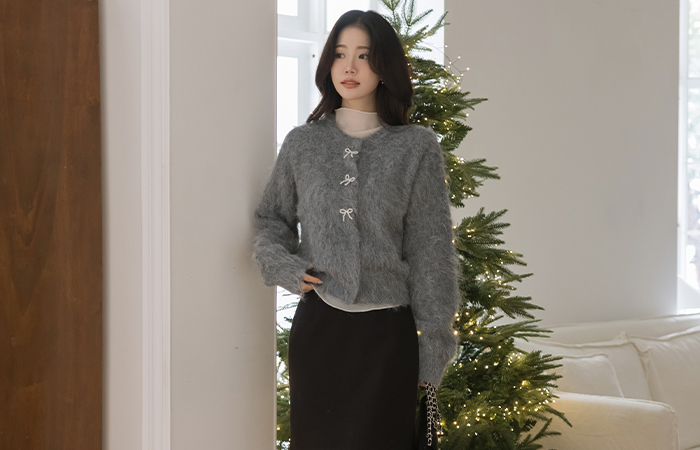 ODE 真珠 リボン ウール カーディガン ニット