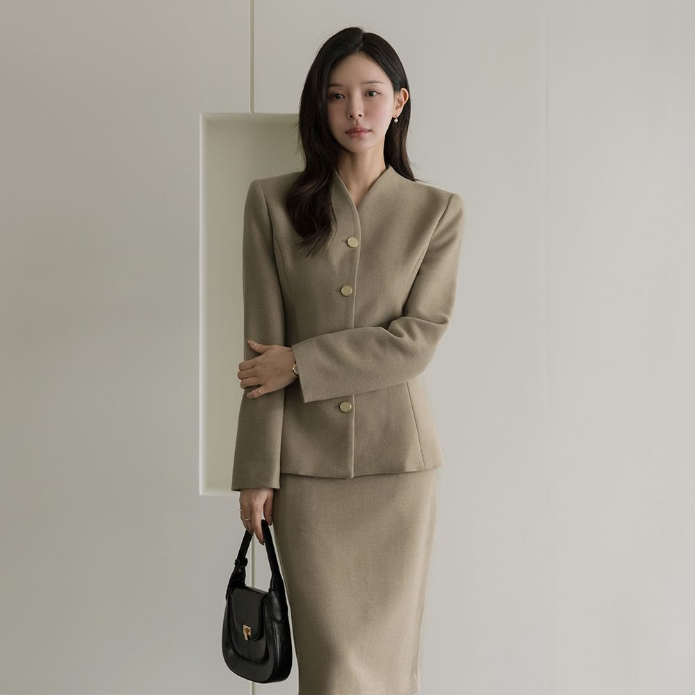 毛織 ノーカラー スリムライン Set-up ジャケット