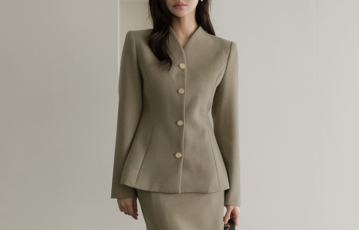 毛織 ノーカラー スリムライン Set-up ジャケット