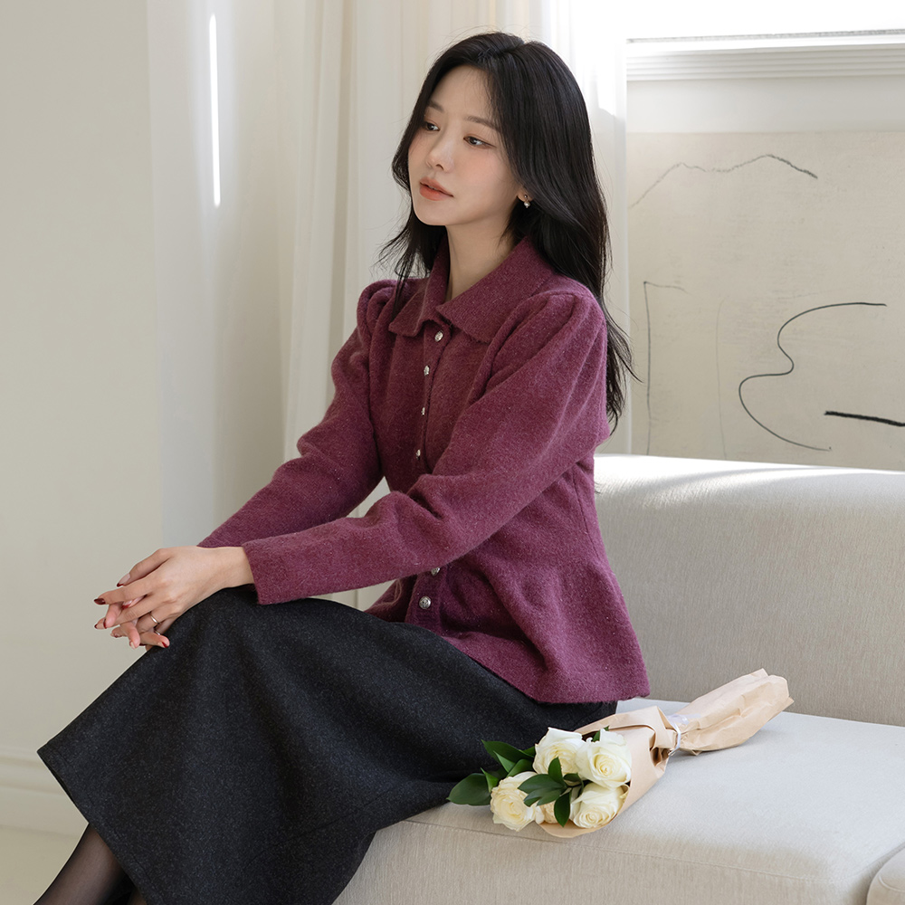 カラーネック トゥインクル ウール ペプラム カーディガン