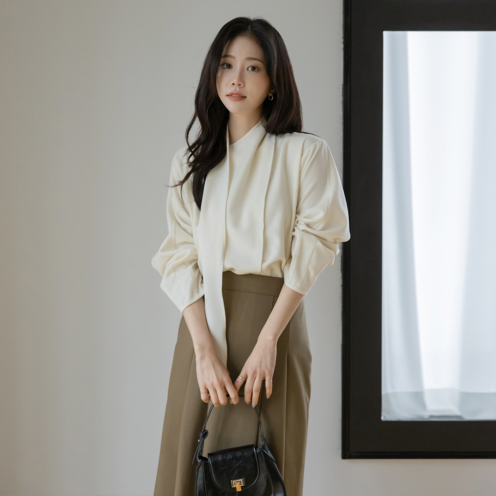 スカーフネック 겉기모 ウール ブラウス