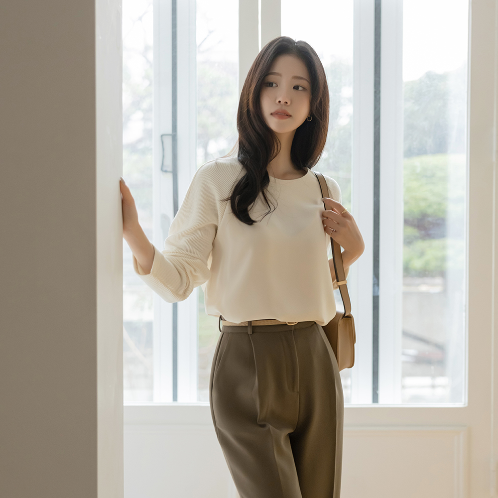 ラウンドネック ニット 配色 ラグラン ブラウス