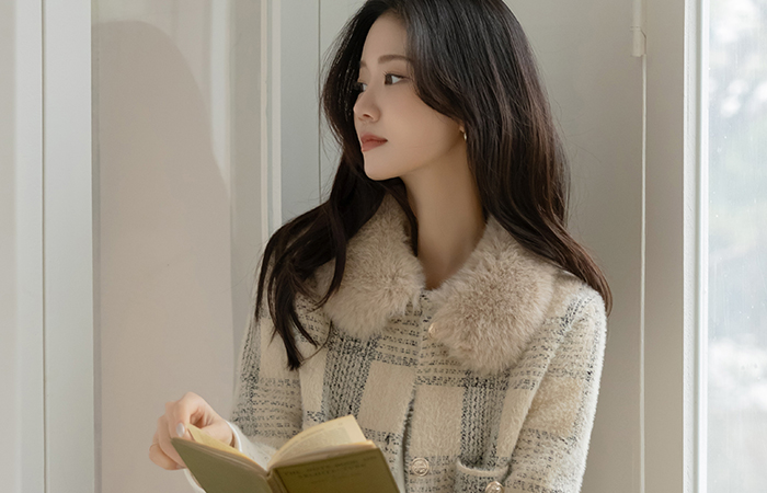 ファー カラーネック ODE チェック カーディガン