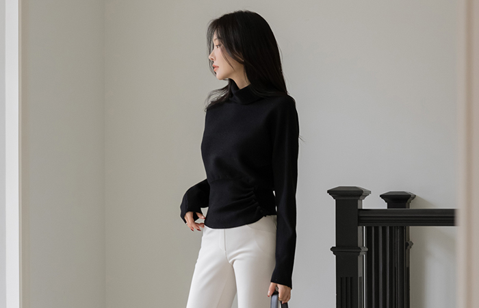 ハイネック シャーリング ボタン Batwing Sleeve ウール ニット