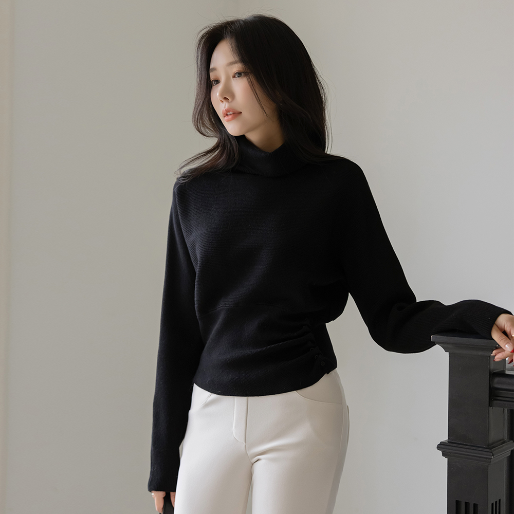 ハイネック シャーリング ボタン Batwing Sleeve ウール ニット