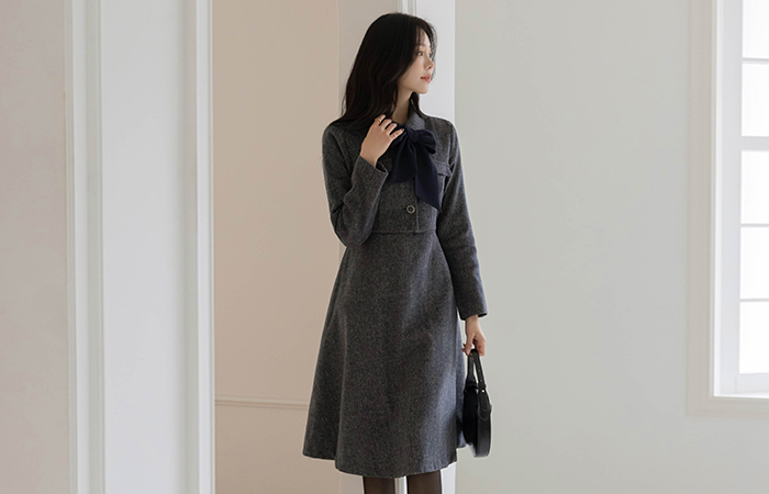 毛織 ツーピース スタイル Aライン ワンピース(+スカーフ)