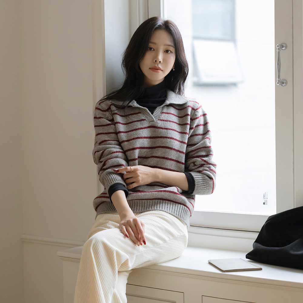 分厚い カラー 切開ネック ウール ストライプ ニット