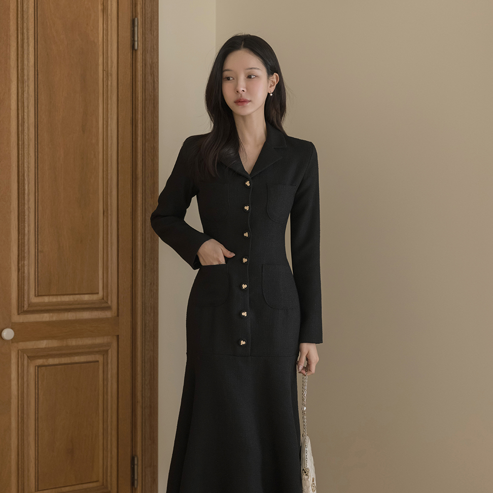 テーラードカラー マーメイド ツイード ロング ワンピース