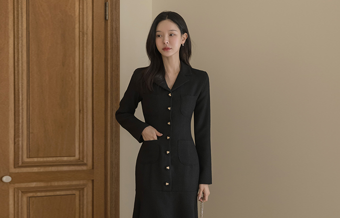 テーラードカラー マーメイド ツイード ロング ワンピース