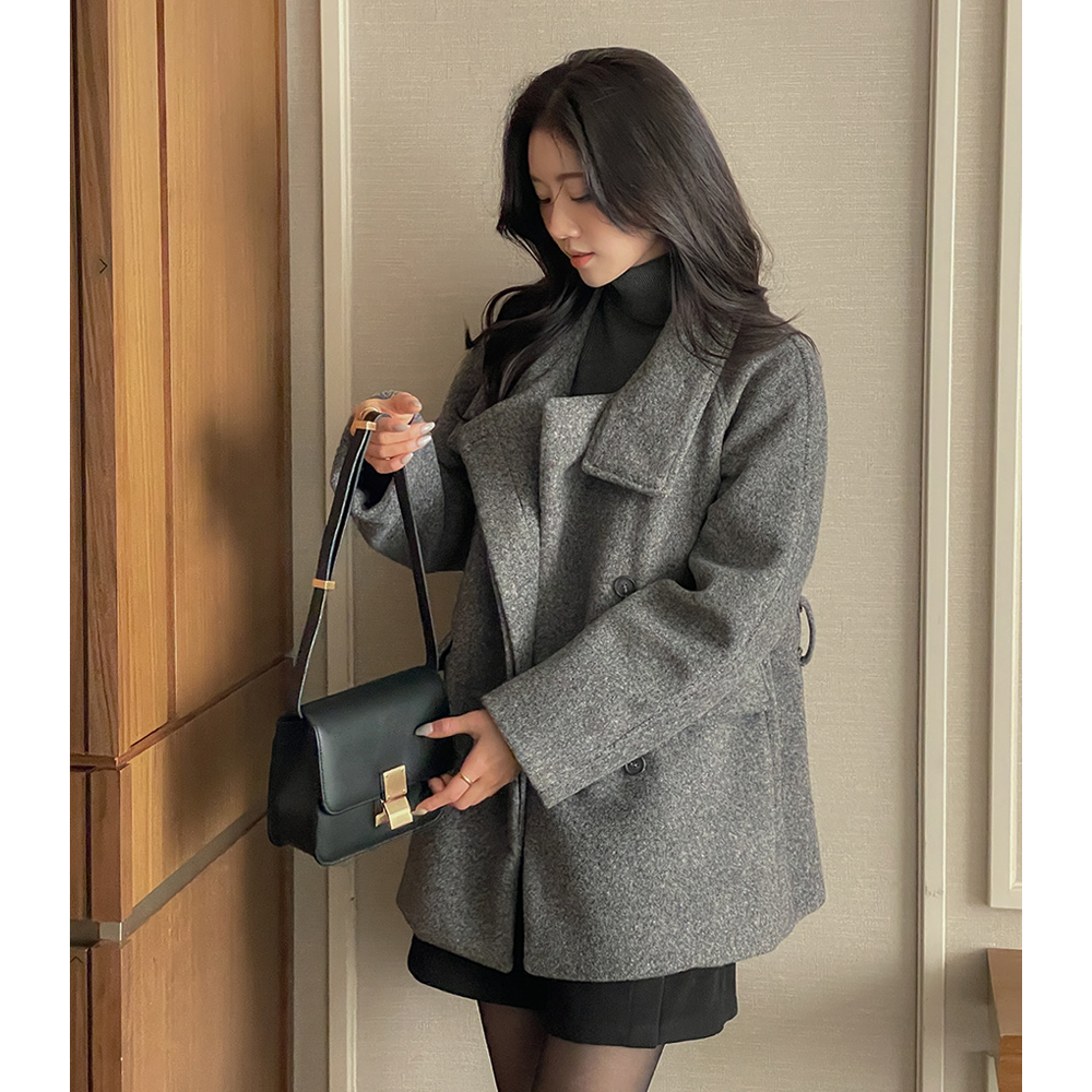 カラーネック ラグラン ウール ハーフ コート(+ベルト)