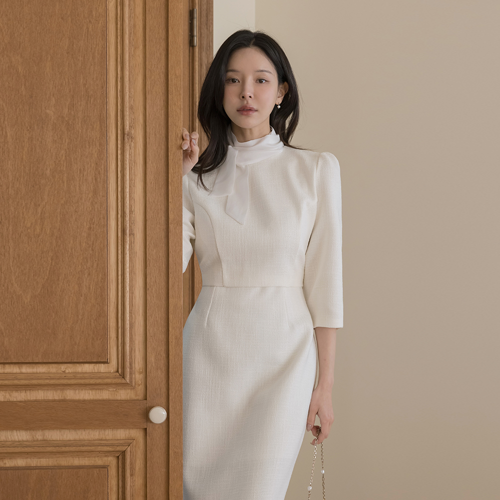 リボン·ネックライン ツーピース スタイル ツイード Hライン ワンピース