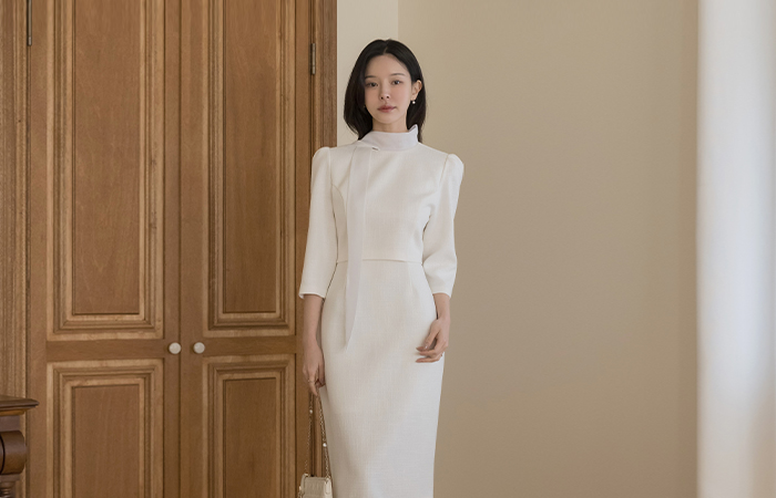 リボン·ネックライン ツーピース スタイル ツイード Hライン ワンピース