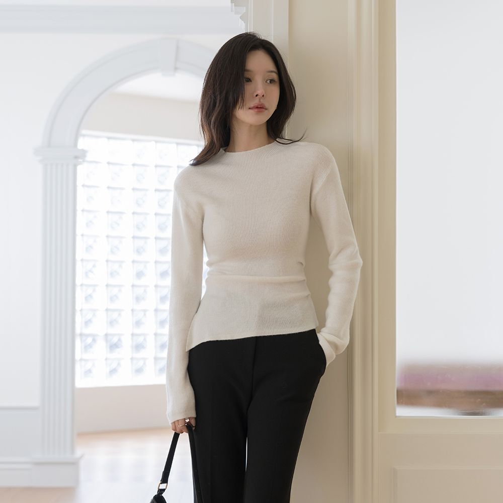 ハーフネック コール天 サイド シャーリング ウール アンバランス ニット