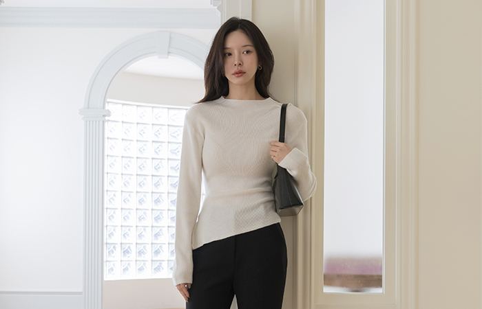 ハーフネック コール天 サイド シャーリング ウール アンバランス ニット