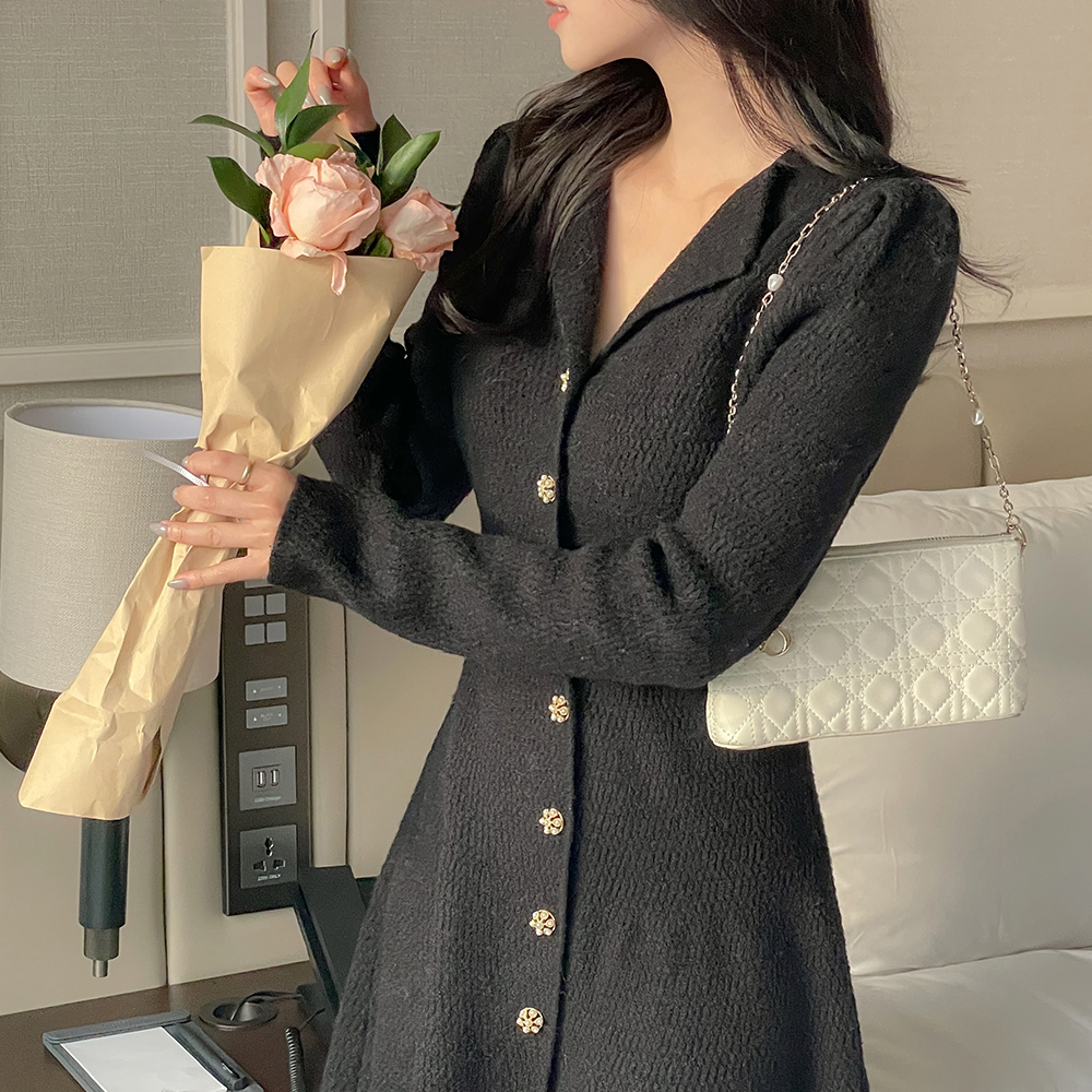 オープンネック パフ Aライン ニット ミニ ワンピース