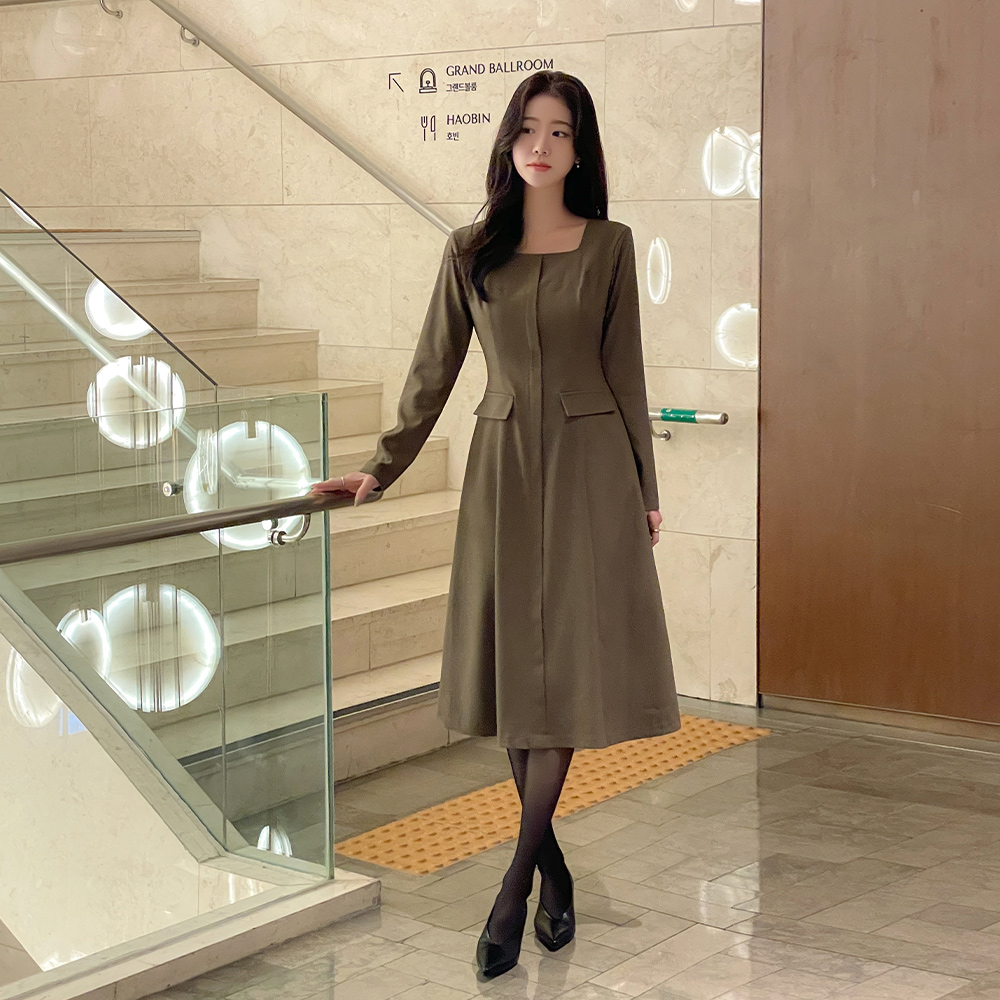 スクエアネック ポケット Aライン ワンピース(+ベルト)