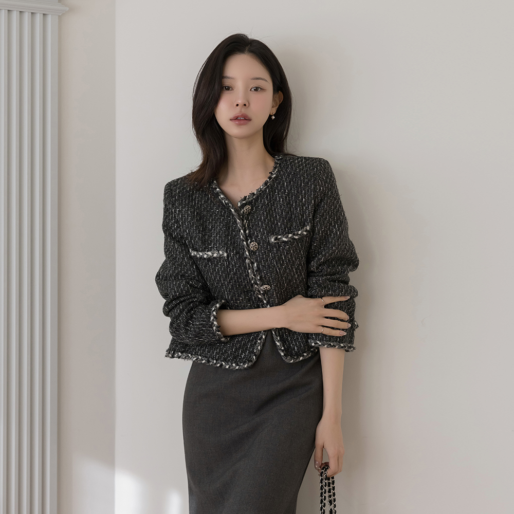 ラウンドネック ツイスト 配色 ツイード ジャケット