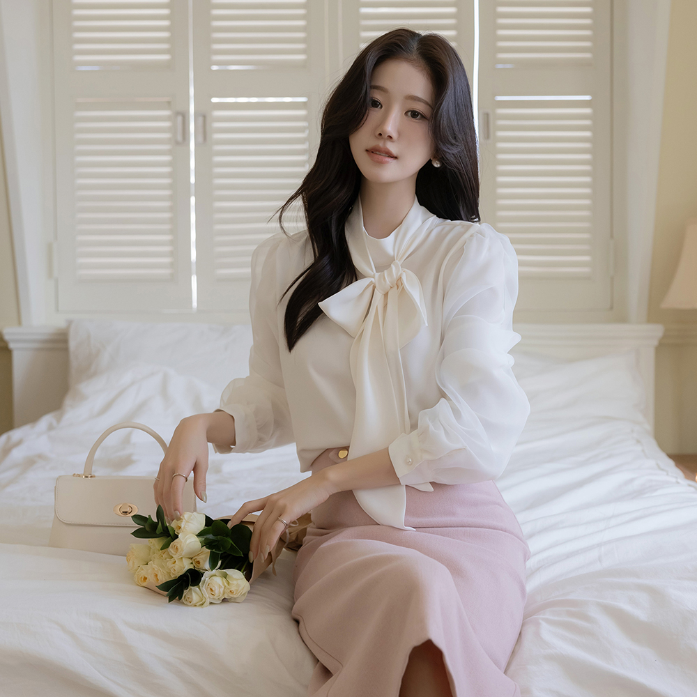 二重 フルライン 袖 エレガンス タイネック ブラウス