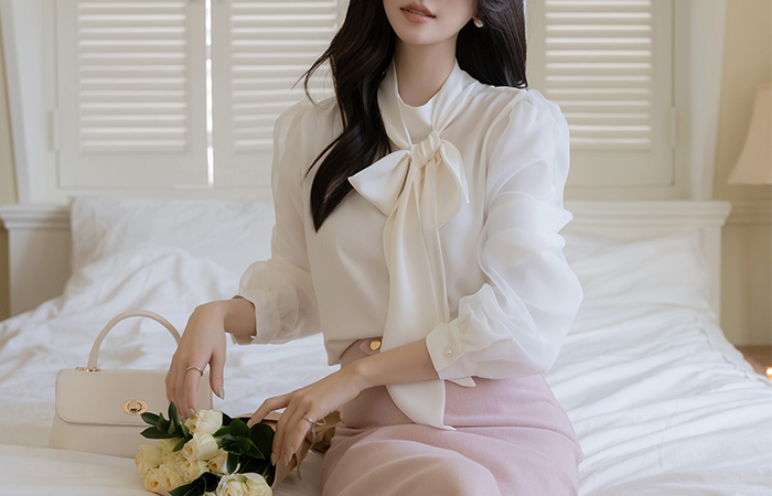 二重 フルライン 袖 エレガンス タイネック ブラウス